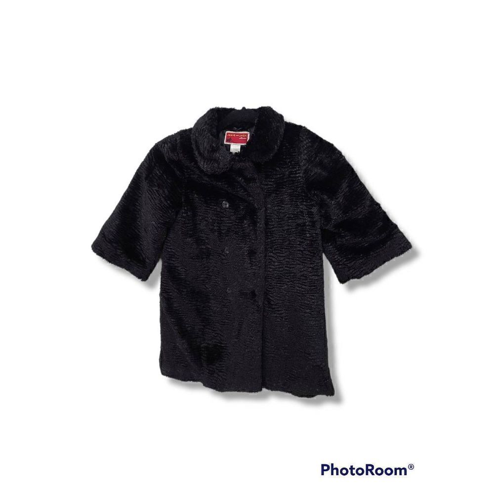 Janie and Jack  girl Sz 6 Holiday Portrait Textured Black Faux Fur Coat 3/4 Slee